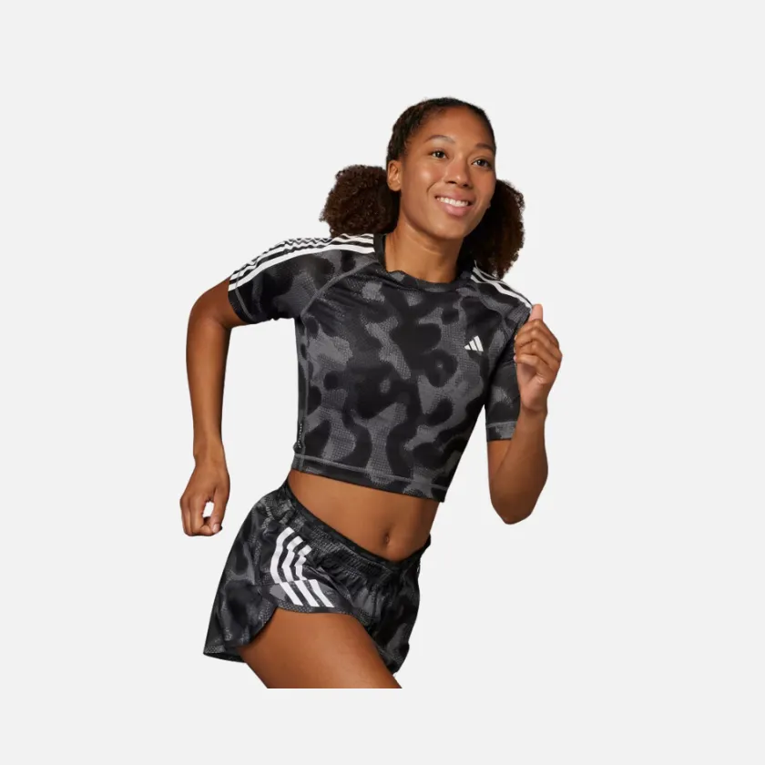 Adidas Own The Run 3 Stripes Allover Print Women's Running T-shirt - Grey Four/Grey Six/Carbon/Black