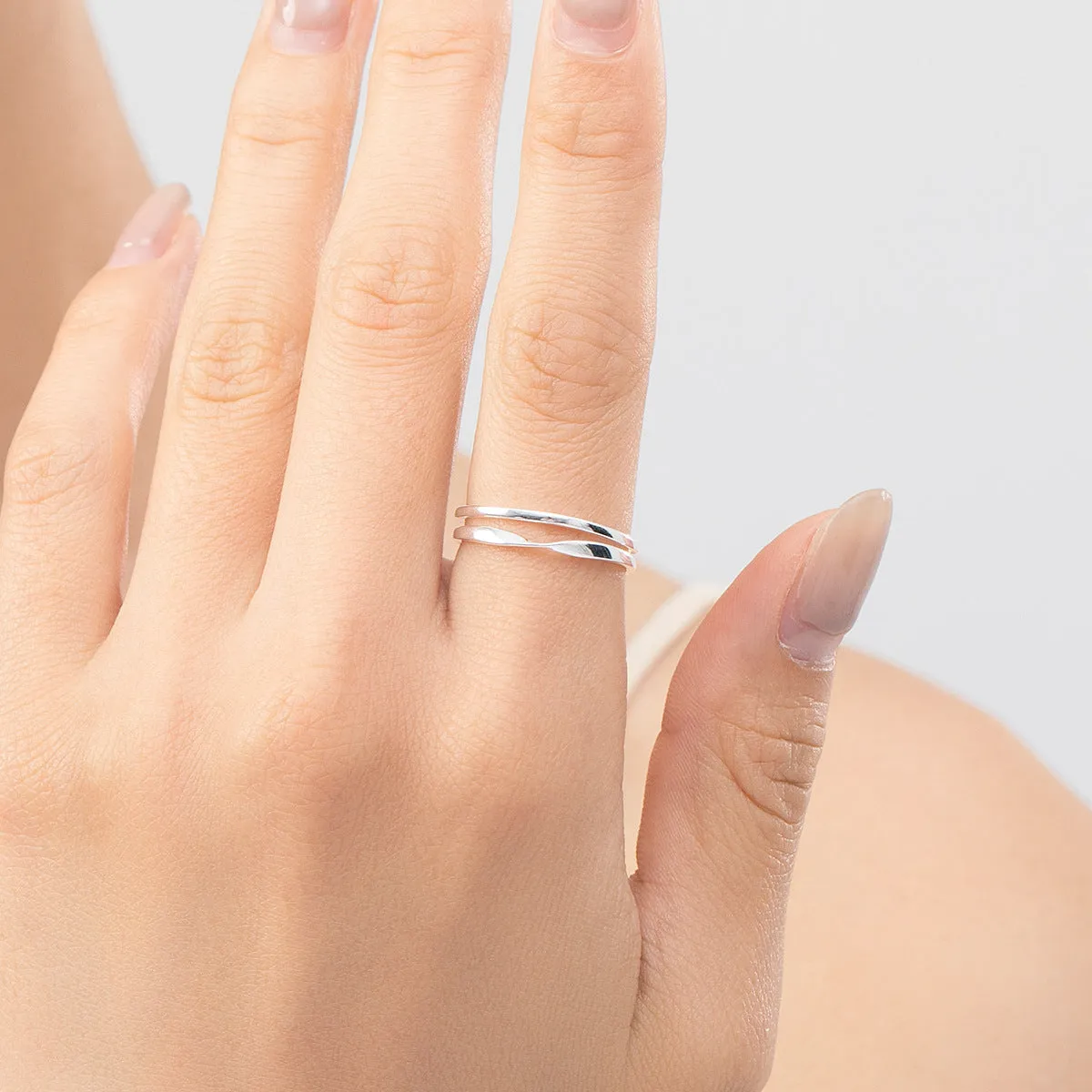 Adjustable S925 Sterling Silver Double Layer Line Ring for Women