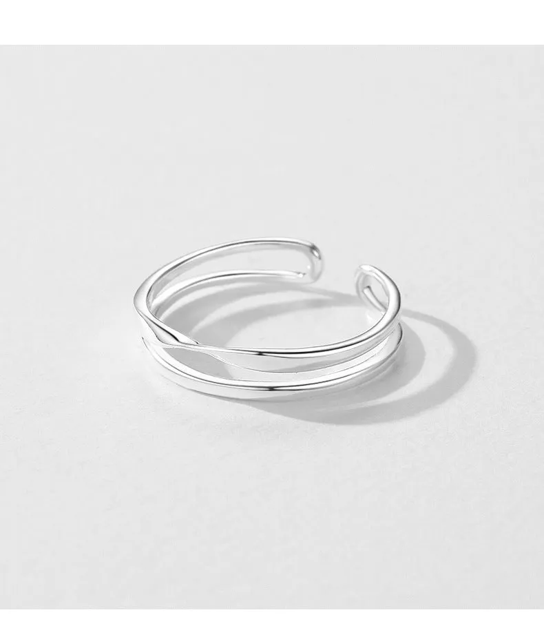 Adjustable S925 Sterling Silver Double Layer Line Ring for Women