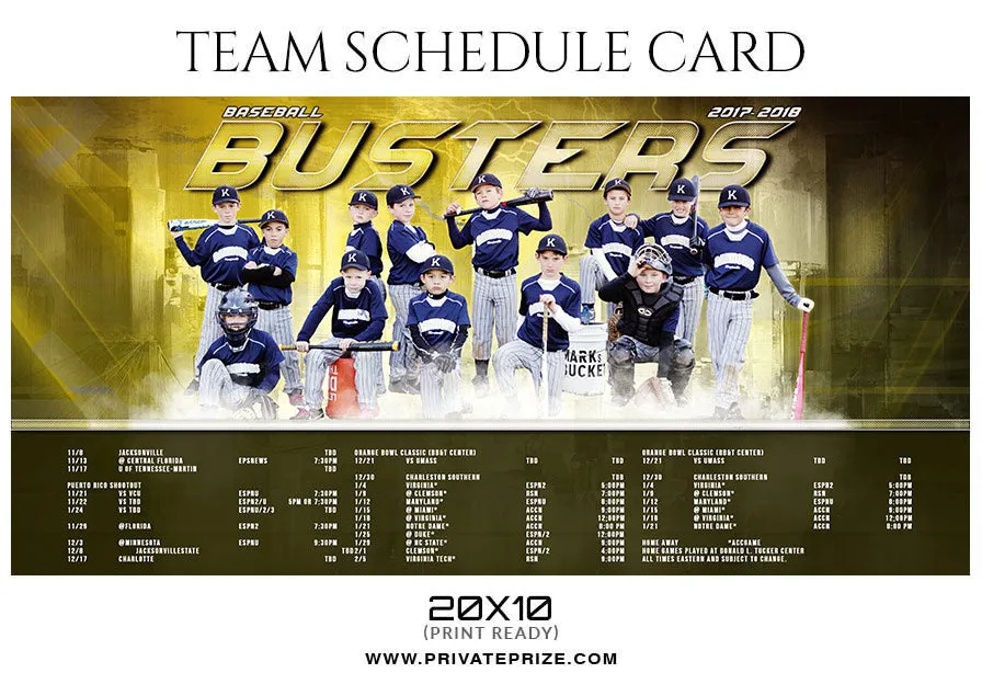 Baseball Busters - Team Sports Schedule Card Photoshop Templates