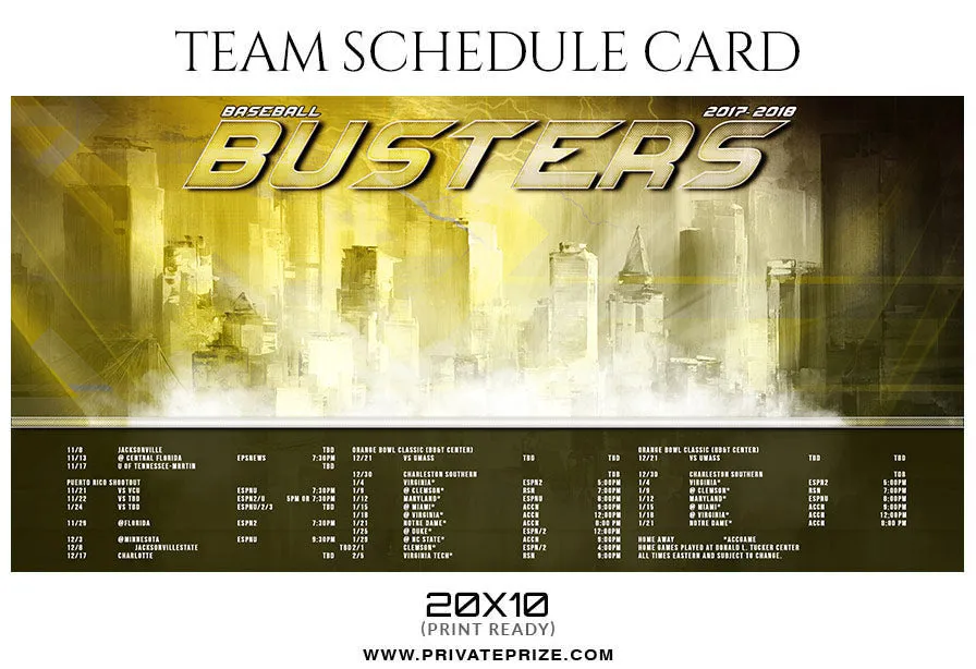 Baseball Busters - Team Sports Schedule Card Photoshop Templates