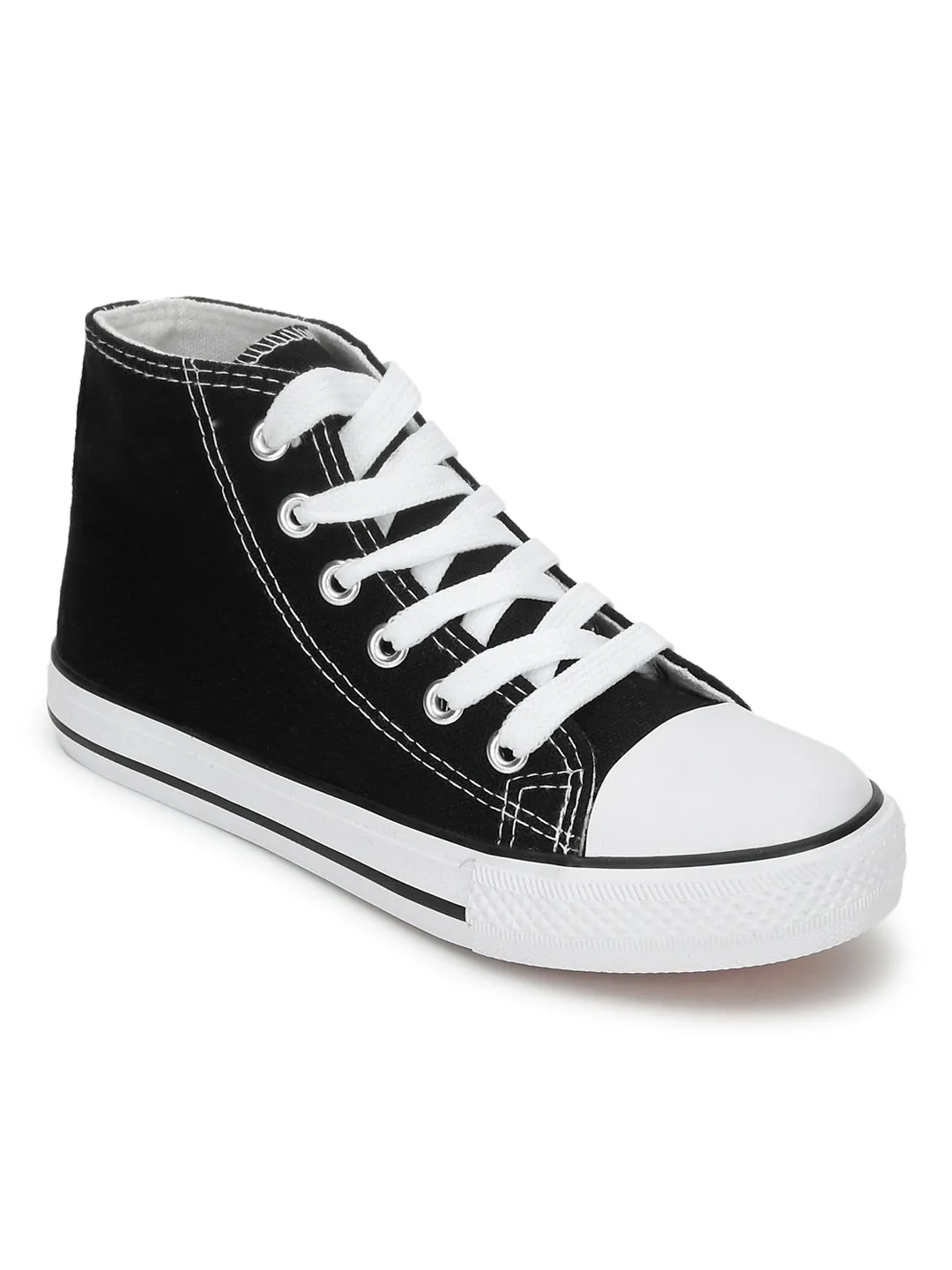 Black Canvas High Ankle Stylish Lace-Up Sneakers For Kids-Unisex (TC-LKCAN4-BLK)