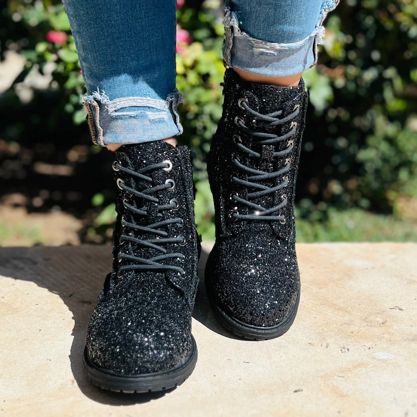 Black Magic Sequin Combat Boots*