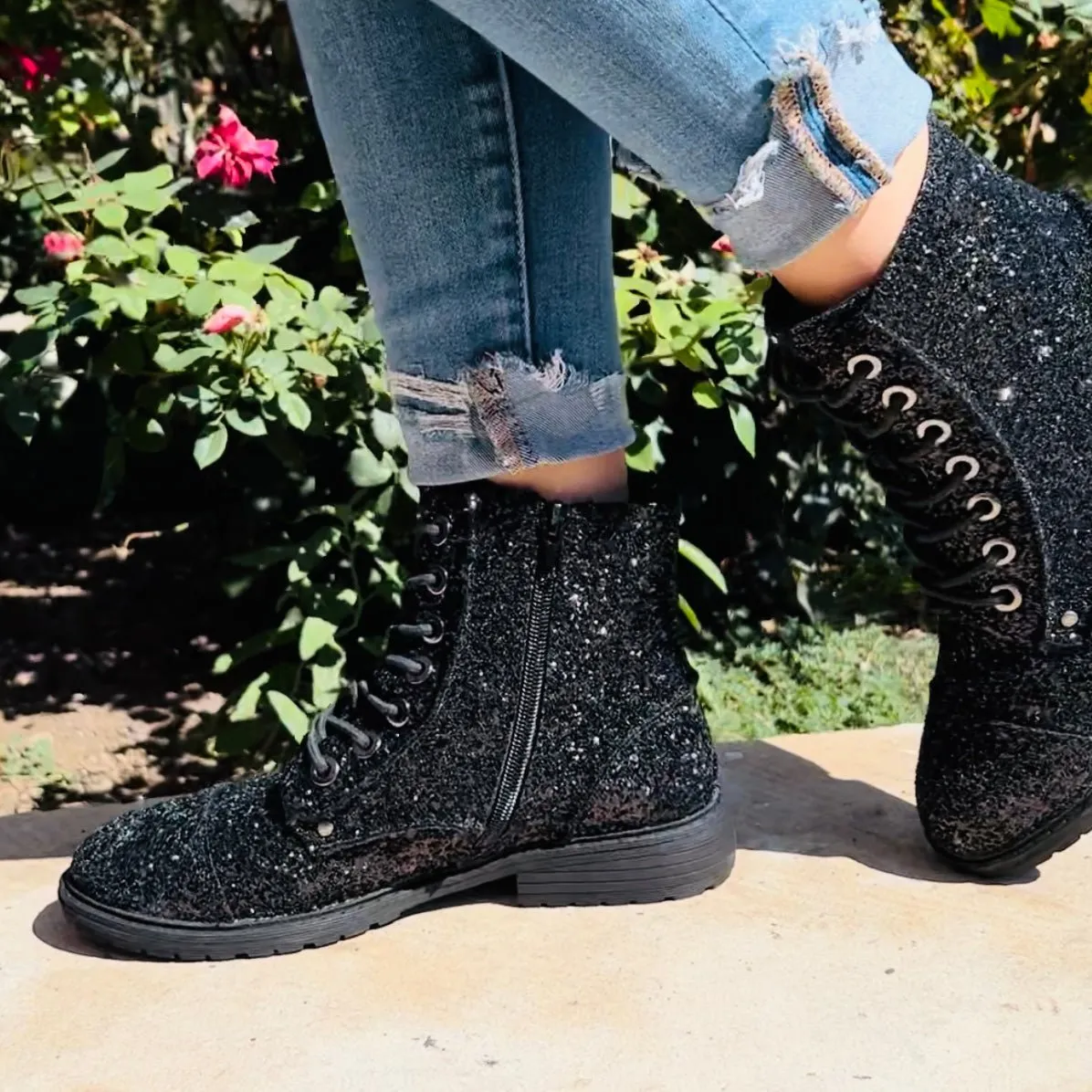 Black Magic Sequin Combat Boots*