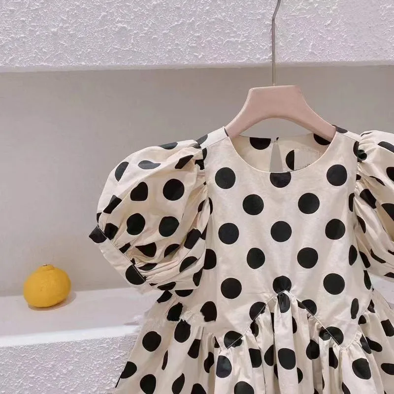 Children's Clothing 23 Summer Girls' Korean Fashion Big Polka Dot Puff Sleeve Dress Cotton Fashionable Princess Dress X6001