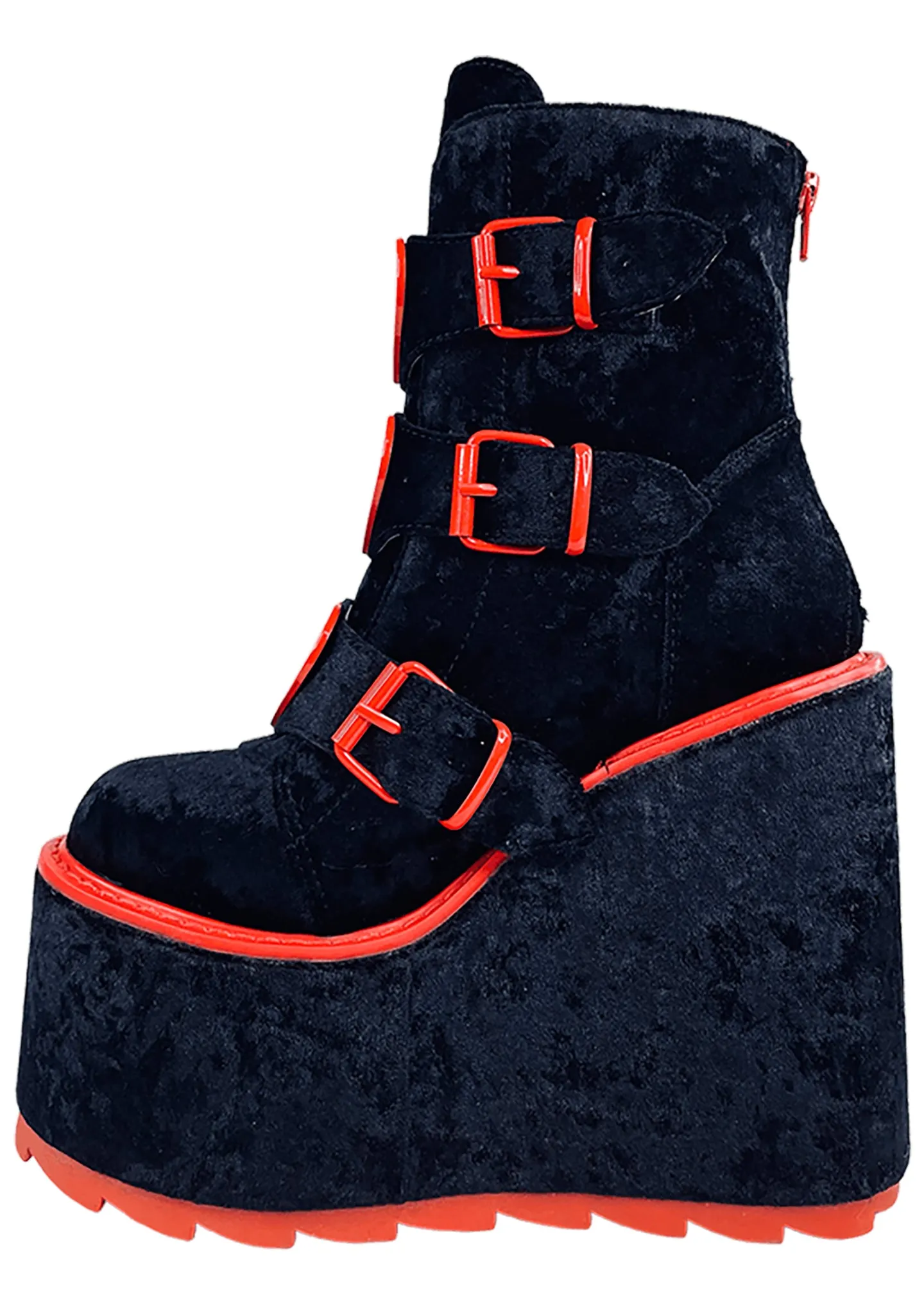 Dune Lo Heart Velvet Platform Boots in Black Red