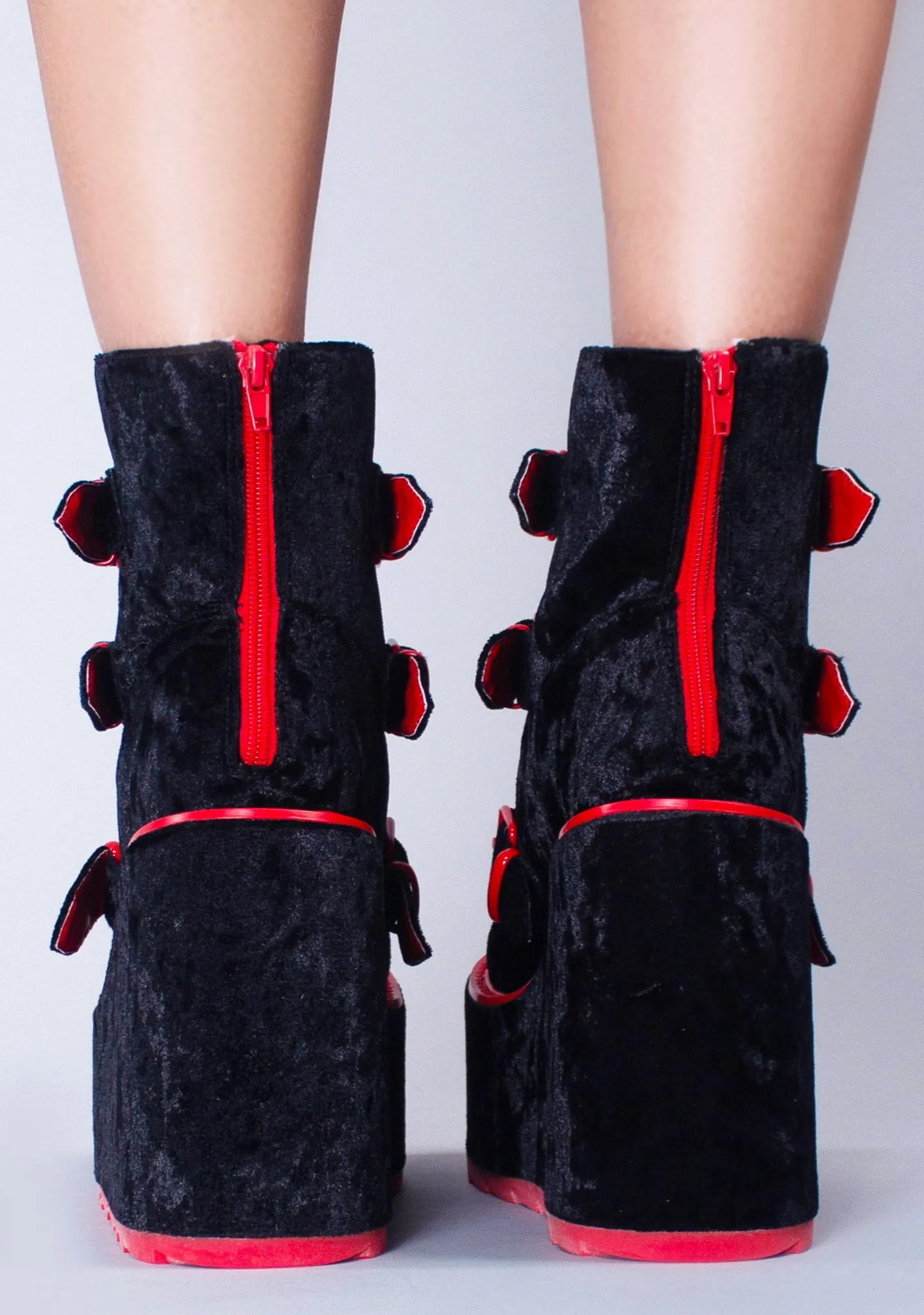 Dune Lo Heart Velvet Platform Boots in Black Red