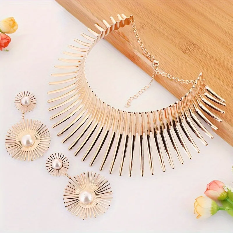 Fashionable And Exaggerated Blooming Sun Collar Necklace Drop Earring Set Women's Personalized Alloy Jewelry Accessories For Birthday, Festival, Party Engagement And Wedding Jewelry Gifts