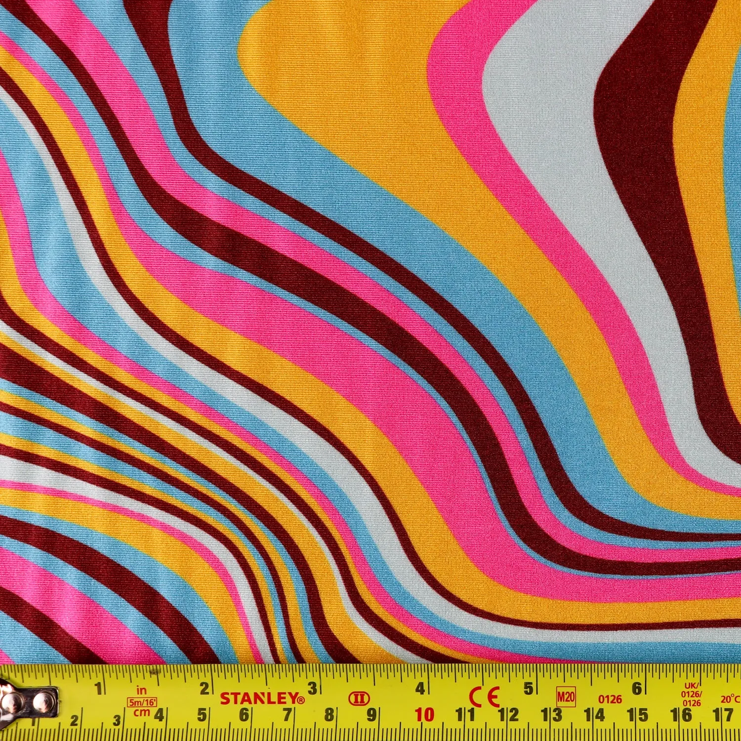 FS1192 Swirly Spandex All Way Stretch Fabric Pink Orange Blue