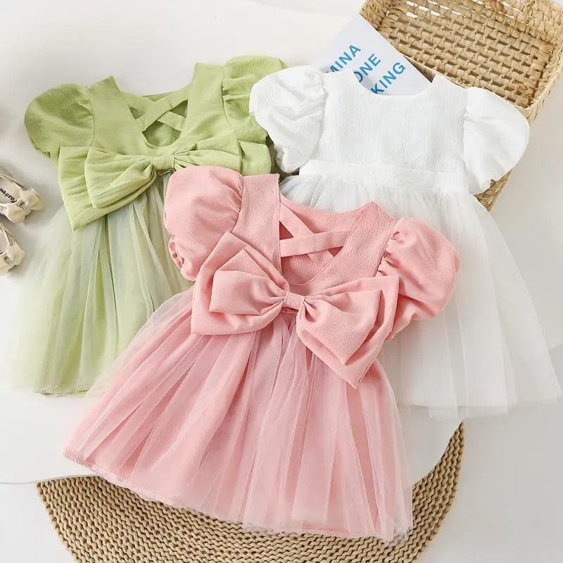 Girls' Summer Dress 2024 New Children's Korean Style Fashion Bowknot Skirt Baby Girl Fashionable Princess Dress