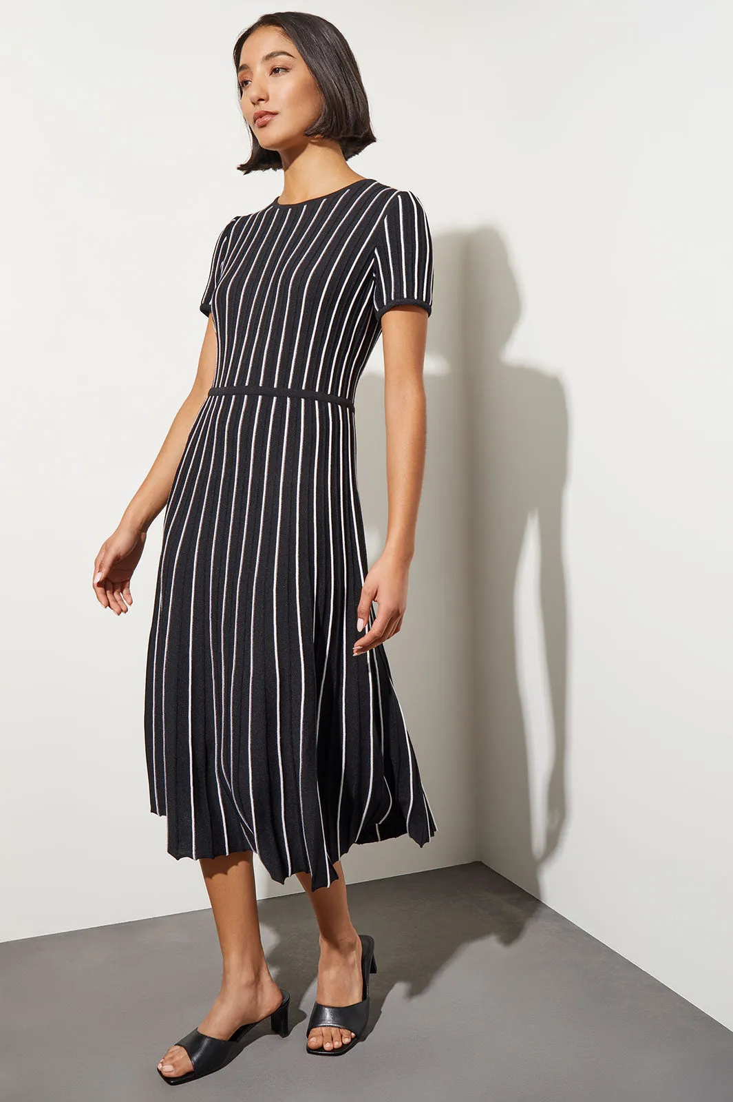 Jewel Neck Striped Flare Soft Knit Dress, Black & White