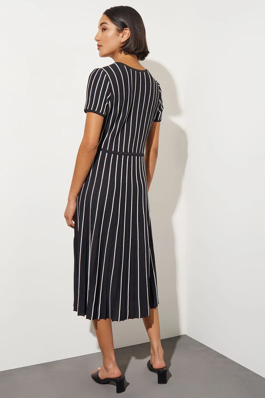 Jewel Neck Striped Flare Soft Knit Dress, Black & White