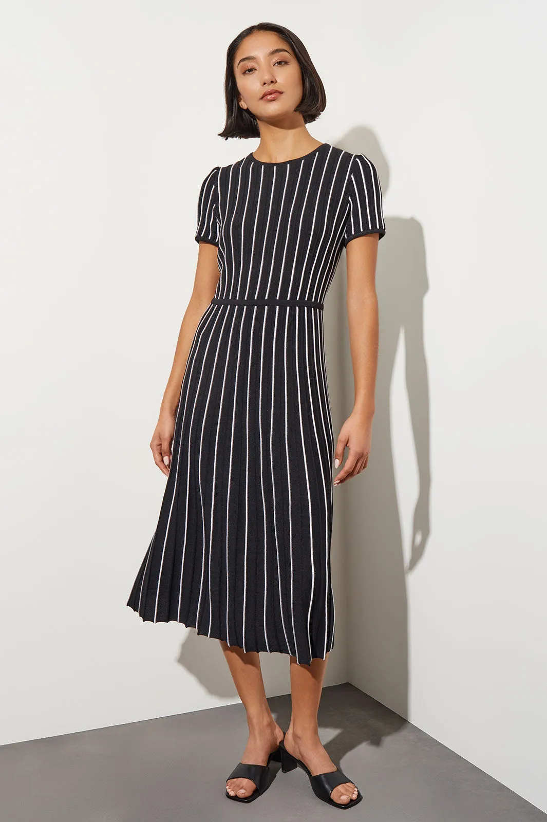 Jewel Neck Striped Flare Soft Knit Dress, Black & White