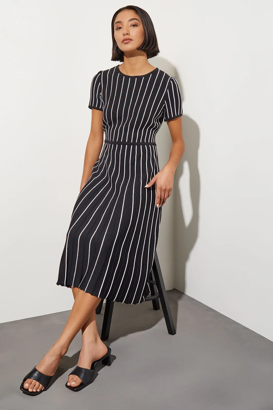 Jewel Neck Striped Flare Soft Knit Dress, Black & White