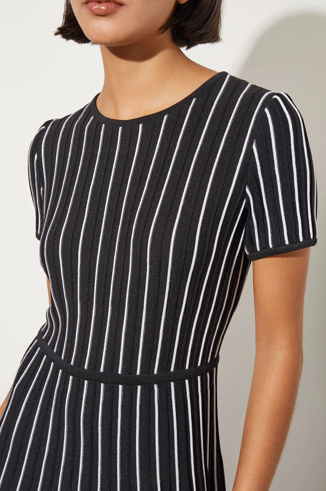 Jewel Neck Striped Flare Soft Knit Dress, Black & White