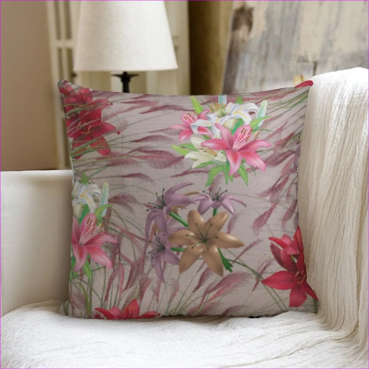 Mauve Gold Floral Flip Couch Pillow with Pillow Inserts