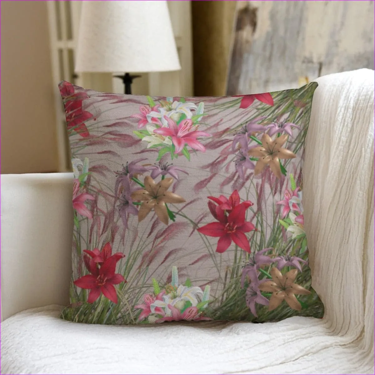 Mauve Gold Floral Flip Couch Pillow with Pillow Inserts